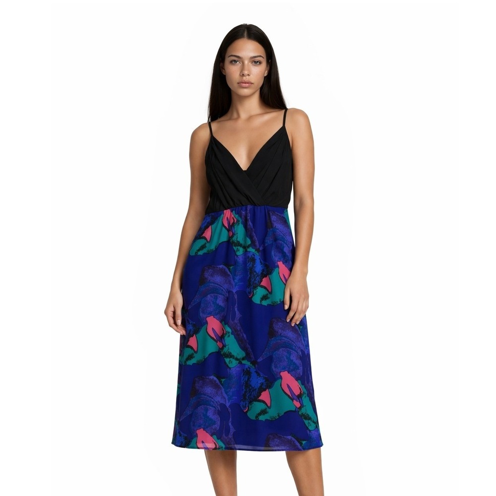 Yumi Kim 100% Silk Dress Women's‎ Size XS Blue Black Abstract Floral Slip Midi